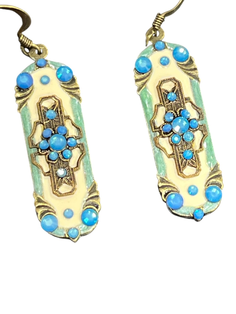 Vintage Earrings Blue Flowers Stones White Enamel Dangle Boho Art Nouveau